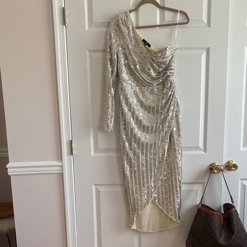 Lulu's Silver Sequin One-Shoulder Dress